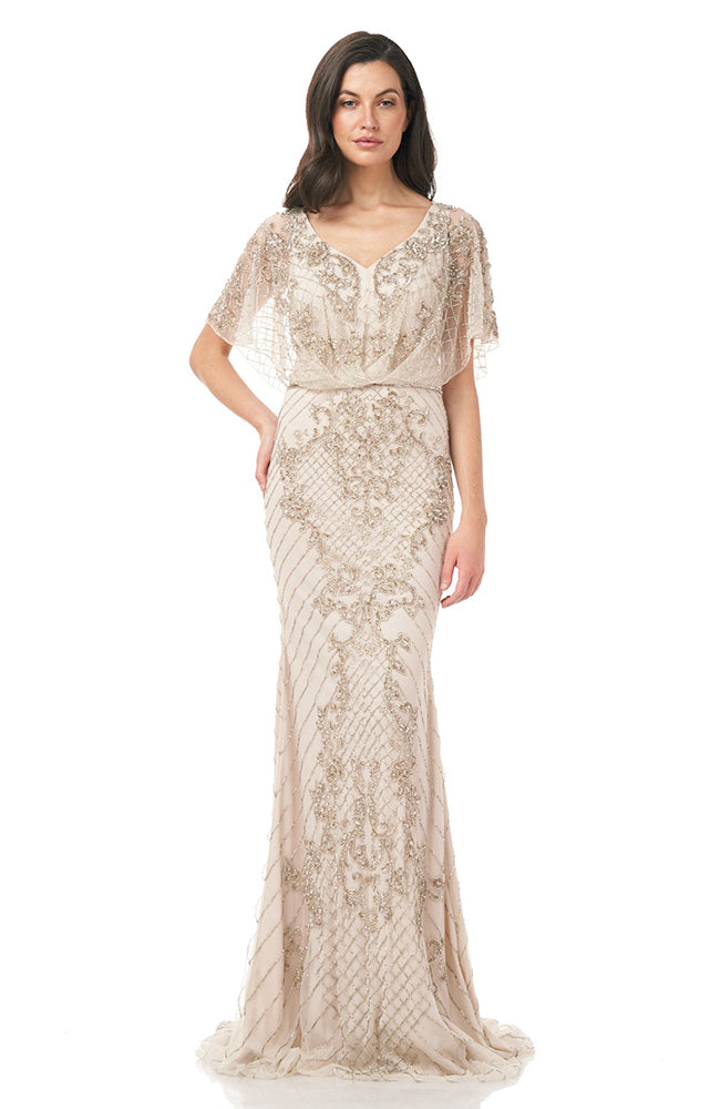 THEIA Cape Sleeve Beaded Gown Champagne ...